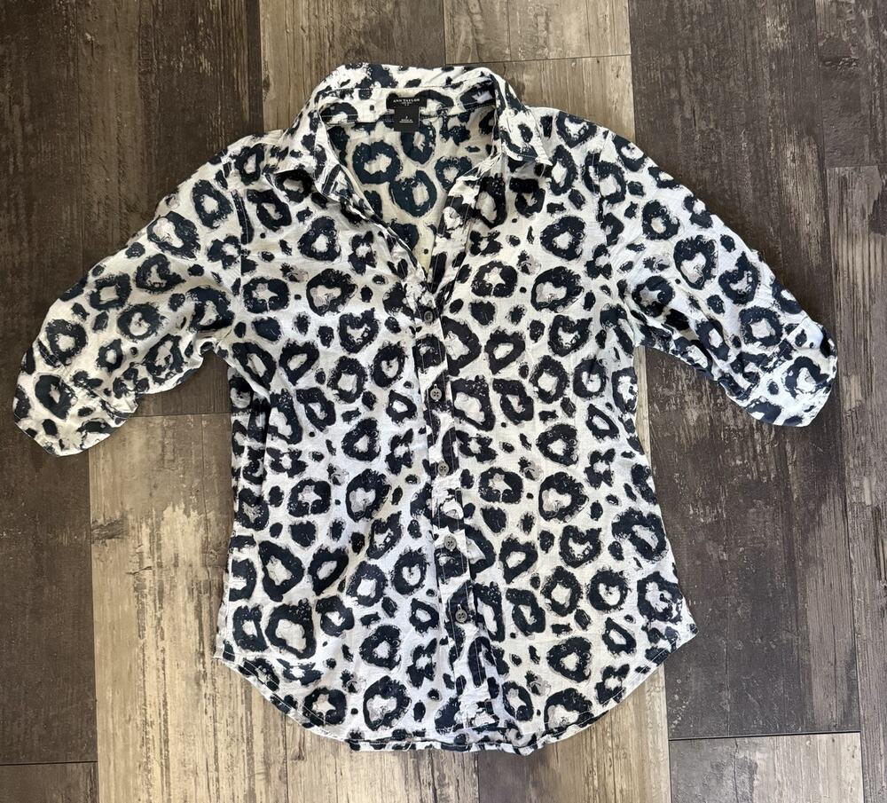 Ann Taylor Women’s Size 2 Animal Print Cotton Button Down Blouse Black Cream